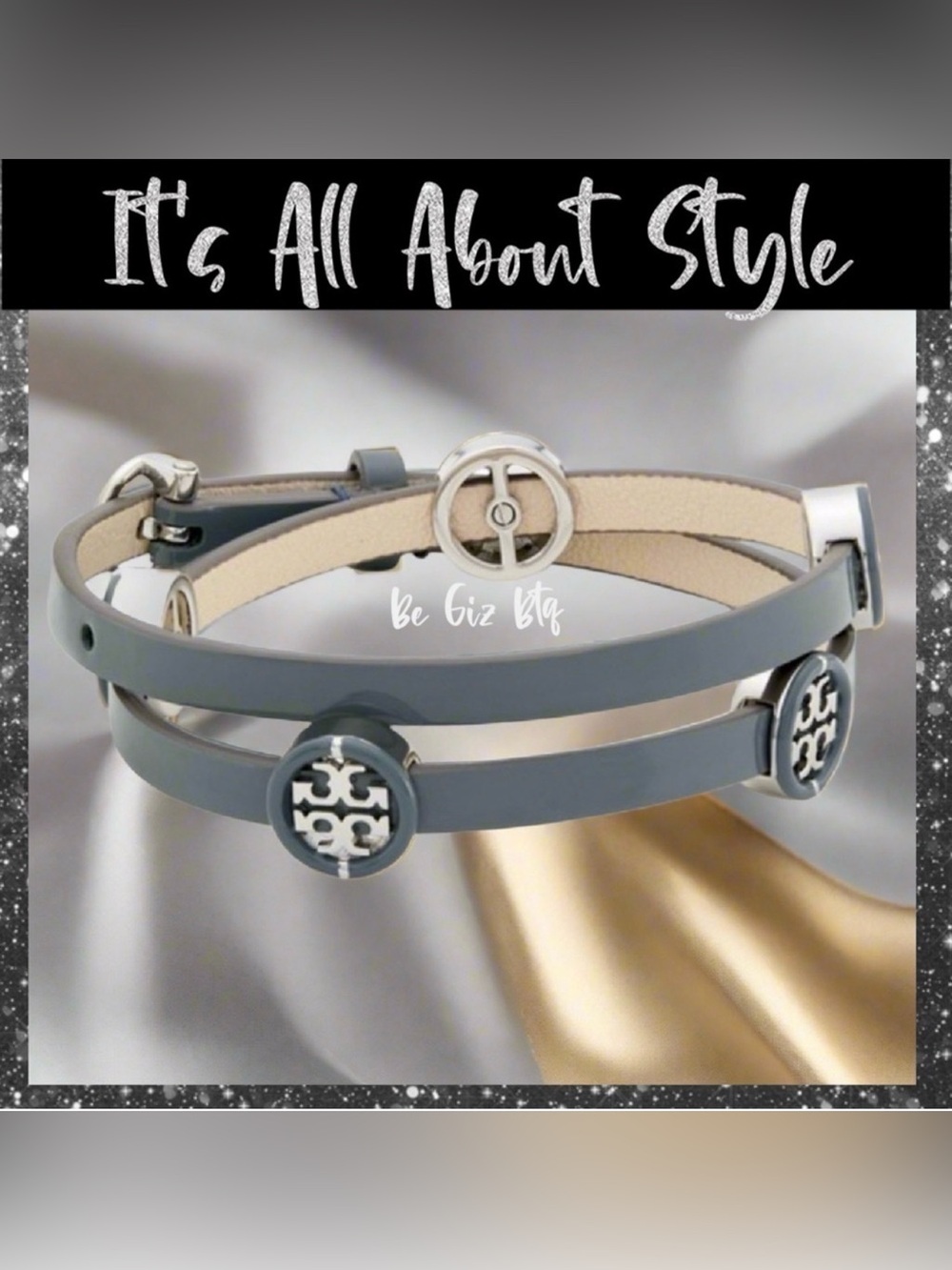 🆕 Tory Burch Authentic Miller Silver & Leather Blue Enamel Double Wrap Bracelet